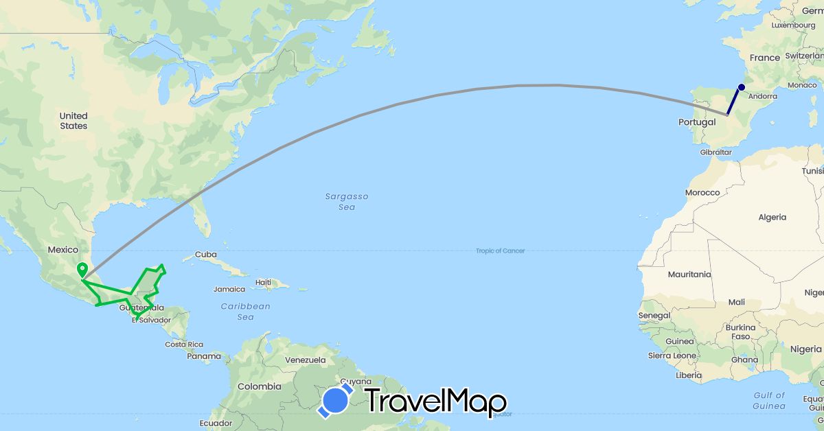 TravelMap itinerary: driving, bus, plane in Belize, Spain, France, Guatemala, Mexico (Europe, North America)