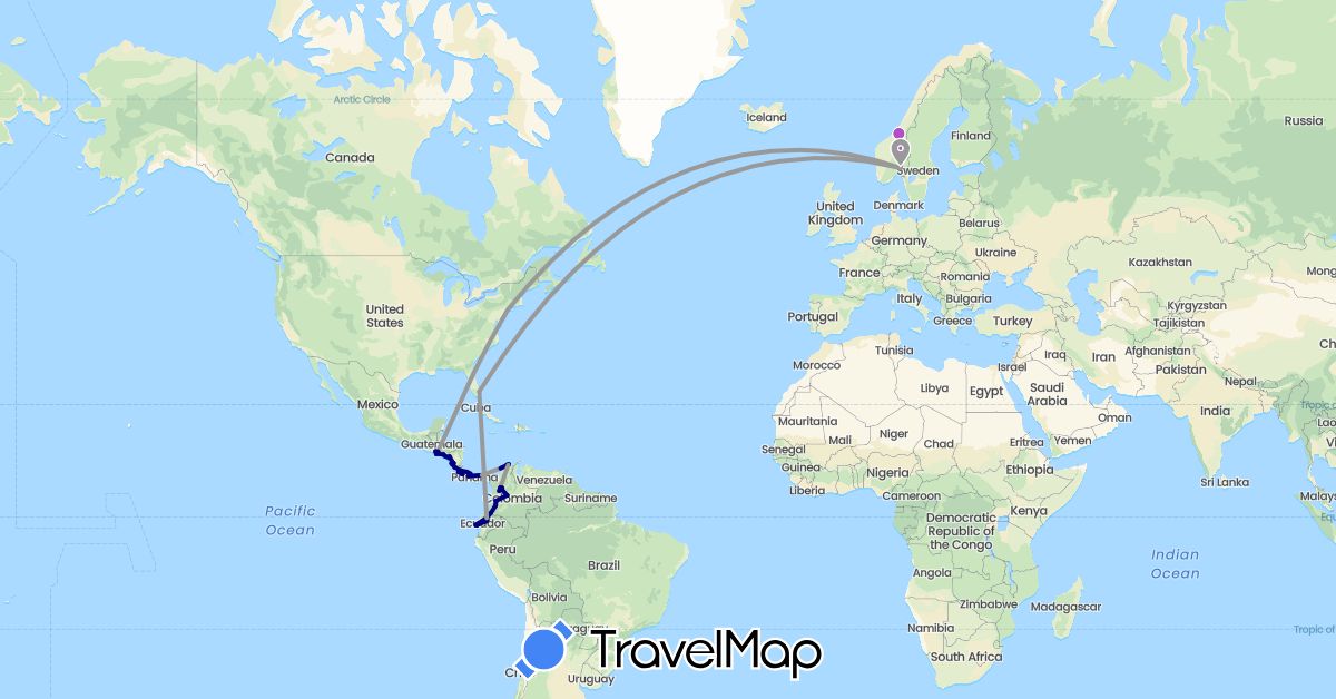 TravelMap itinerary: driving, plane, train in Colombia, Costa Rica, Ecuador, Nicaragua, Norway, Panama, El Salvador, United States (Europe, North America, South America)